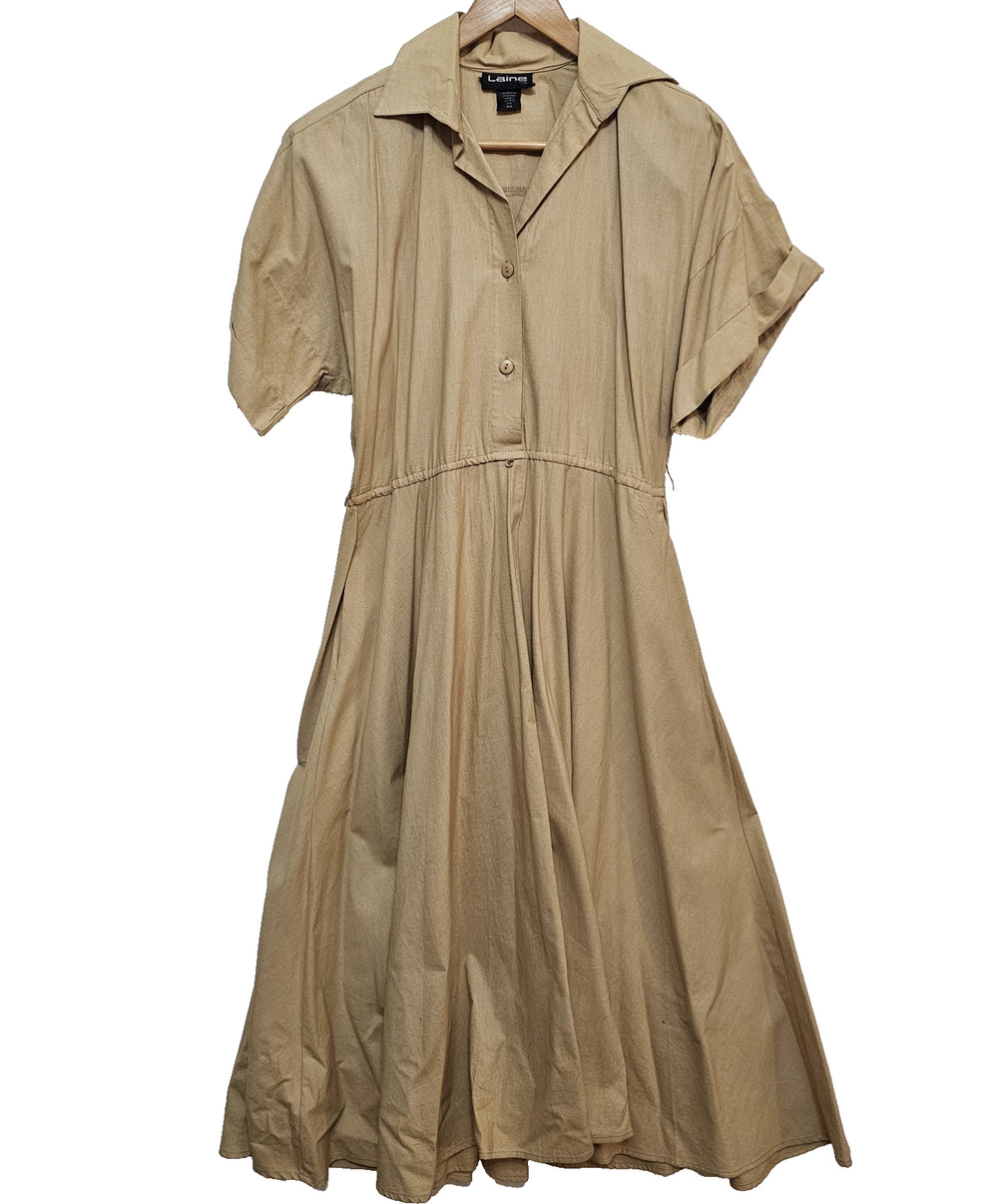 Vtg Womens Dress 10 Midi 100% Cotton Button Down Collared Tan Minimalist Cottage
